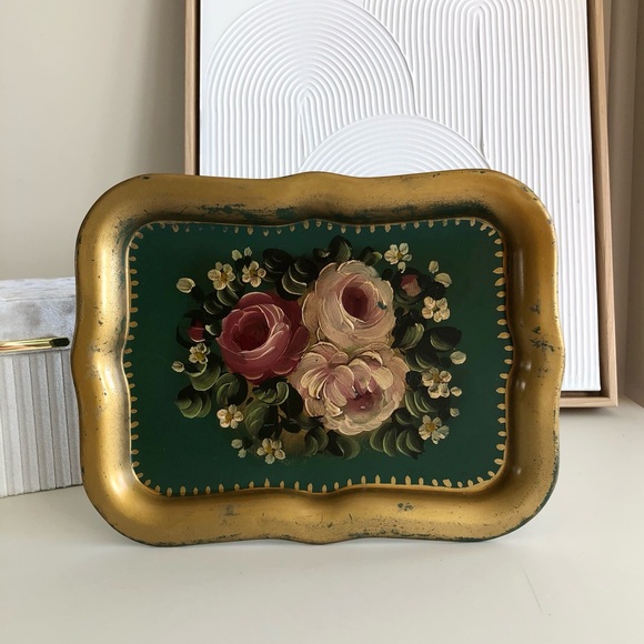Vintage Toleware hand painted roses floral pink mauve green gold small tray - Picture 2 of 10